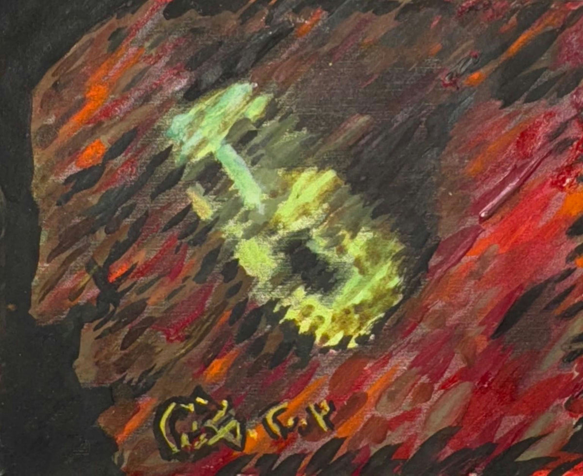 Original Mixed media 'Green Form in Red Abstract Field' by Mohammad Bushnaq