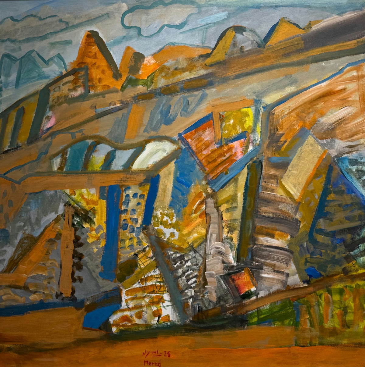 Original Acrylic 'Fragmented Urban Landscape in Orange Blue' by Abdullah Murad