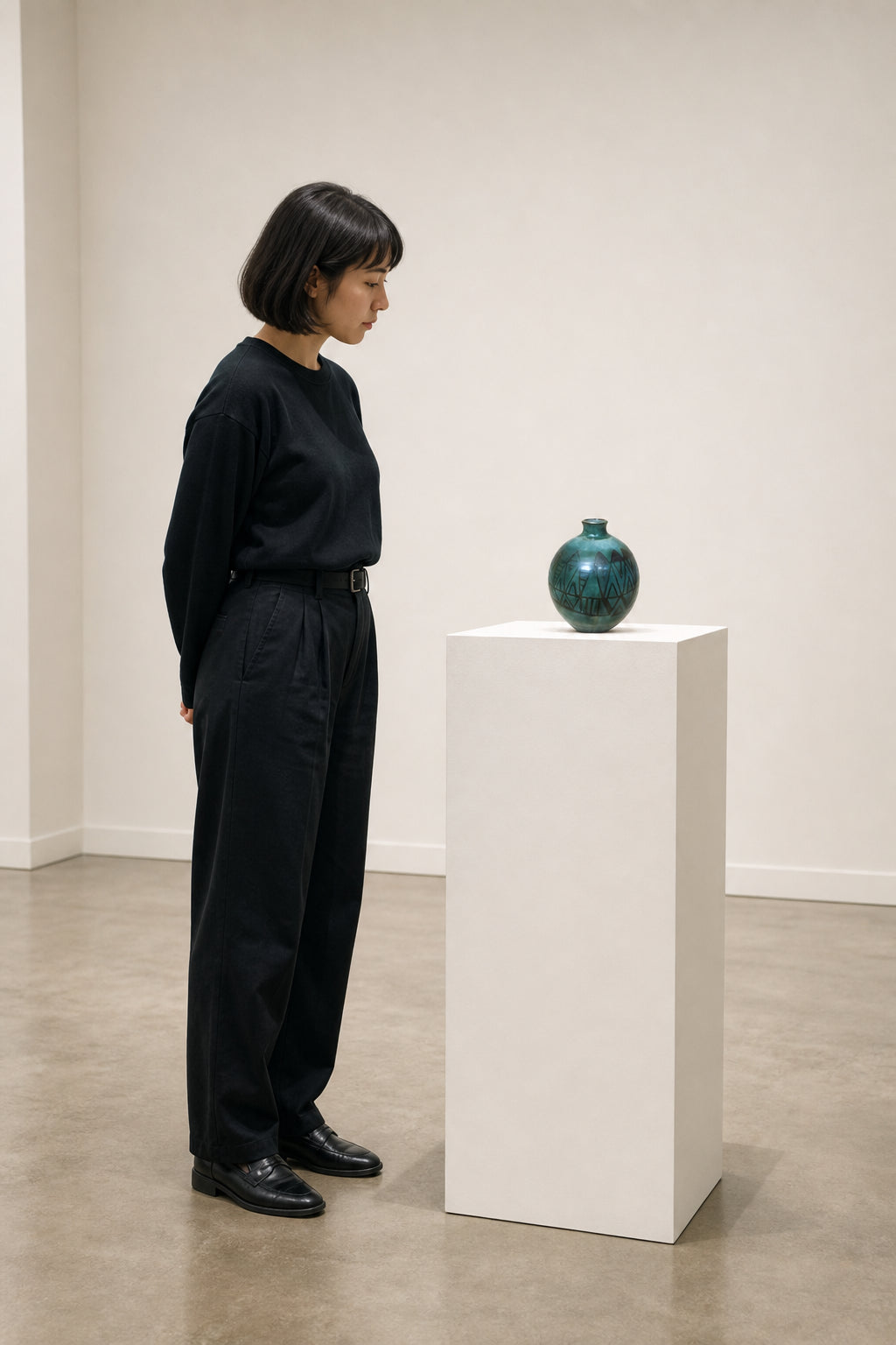 Round Green Ceramic Vase with Geometric Pattern - shown to scale