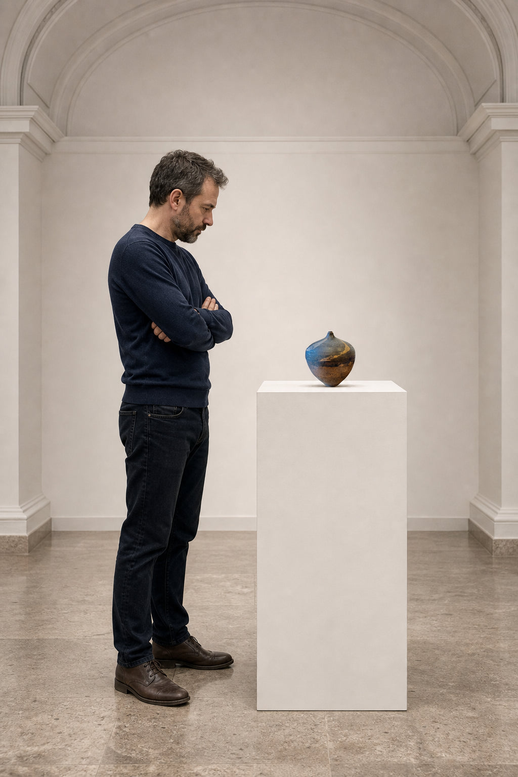 Glazed Ceramic Vessel with Narrow Neck - shown to scale