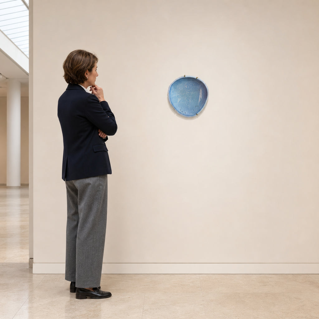 Blue Ceramic Plate with Engraved Figure - shown to scale