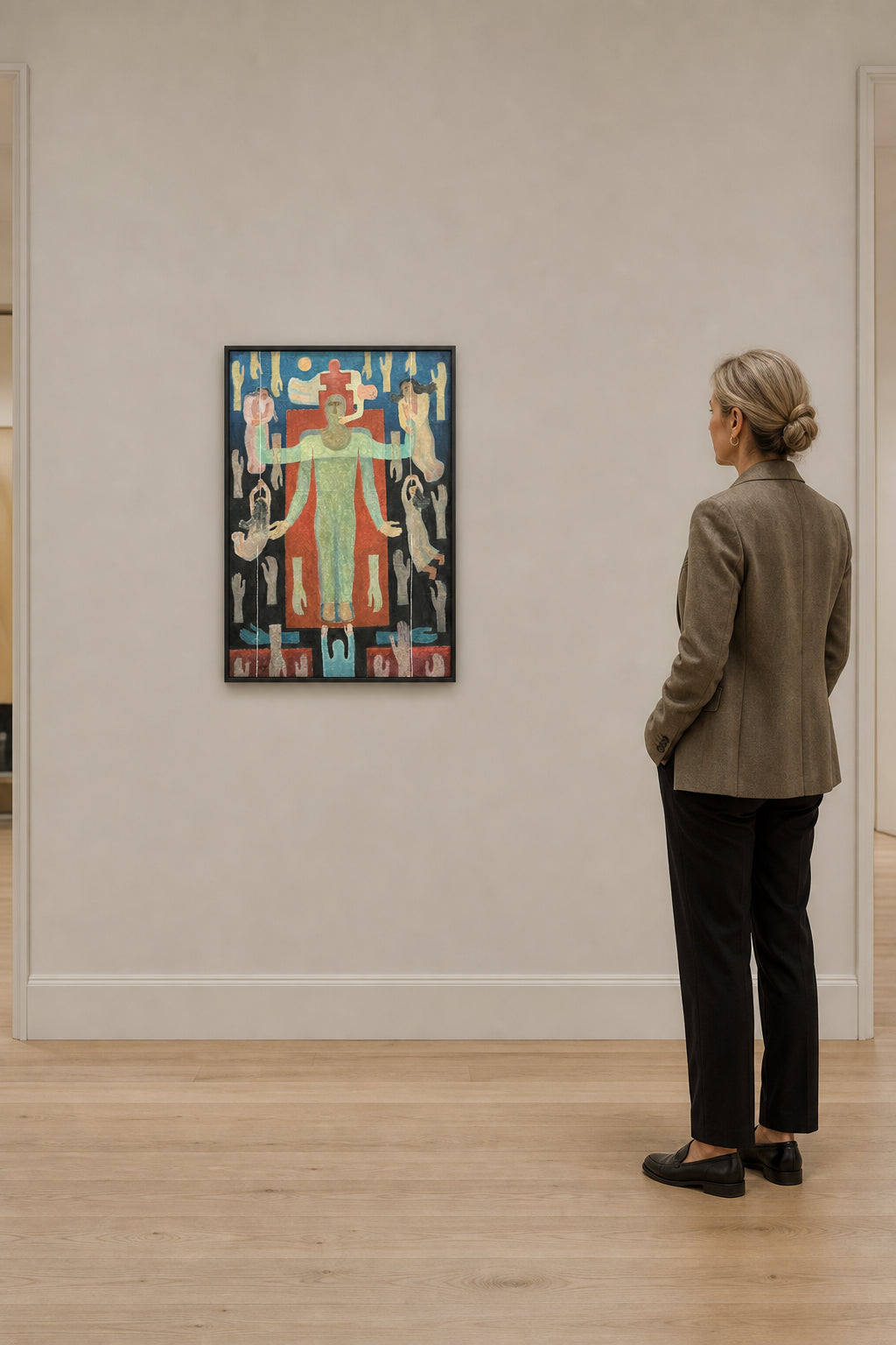 Central Figure Surrounded by Suspended Figures - shown to scale