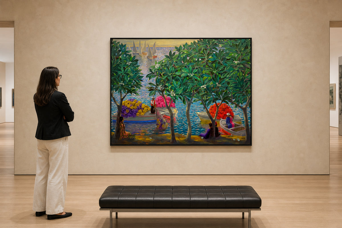Figures and Boats by Flowering Waterfront - shown to scale