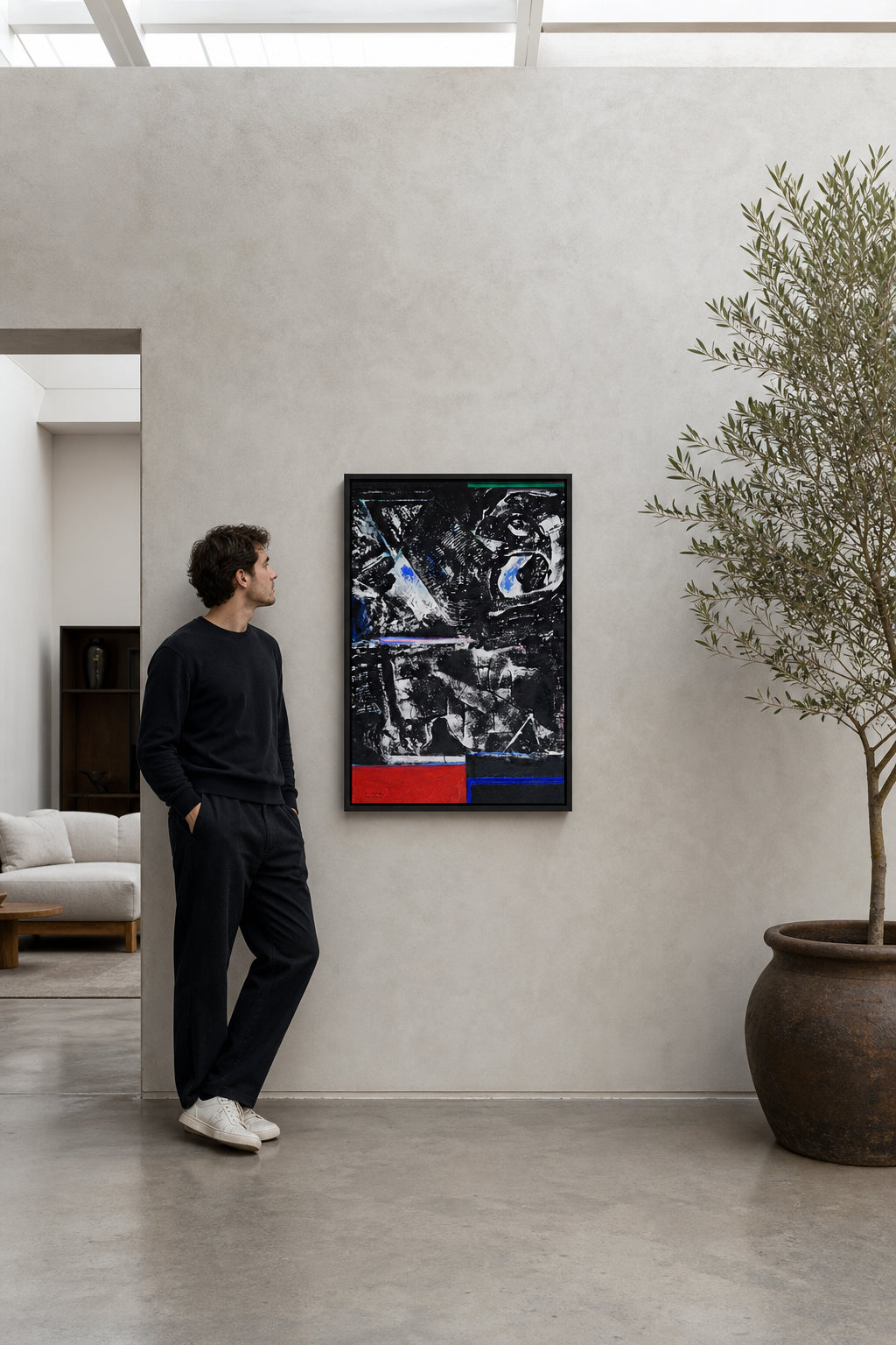 Dark Abstract Forms with Red and Blue - shown to scale