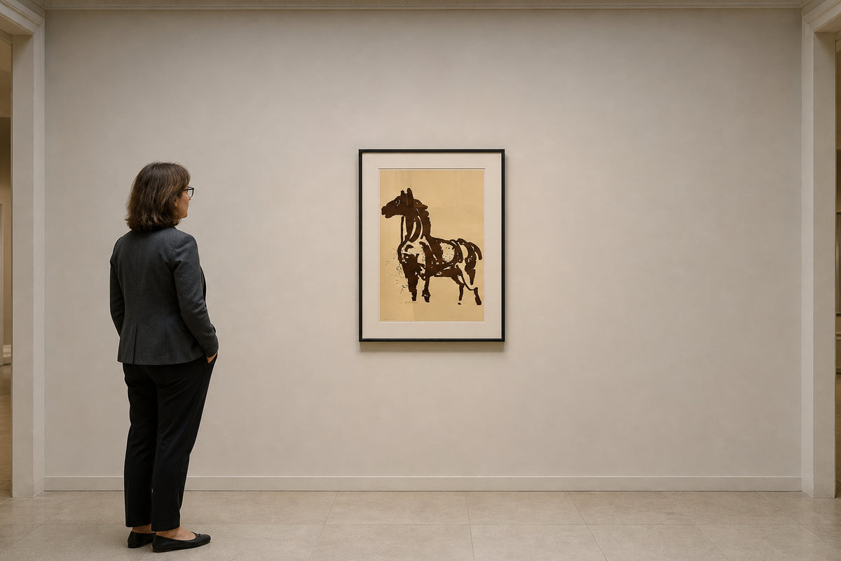 Bold Dark Horse Figure on Cream - shown to scale