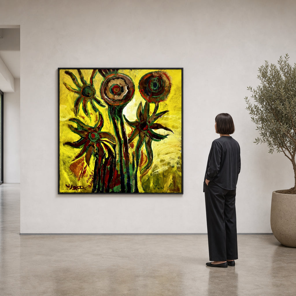 Four Abstract Flowers on Yellow - shown to scale