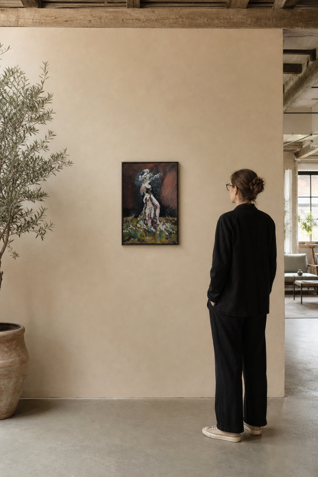 Woman in White Dress Among Flowers - shown to scale