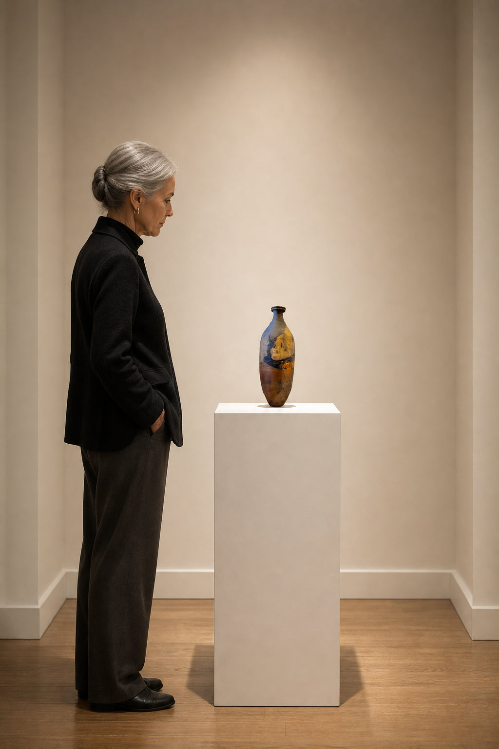 Tall Ceramic Vessel with Glaze Marks - shown to scale