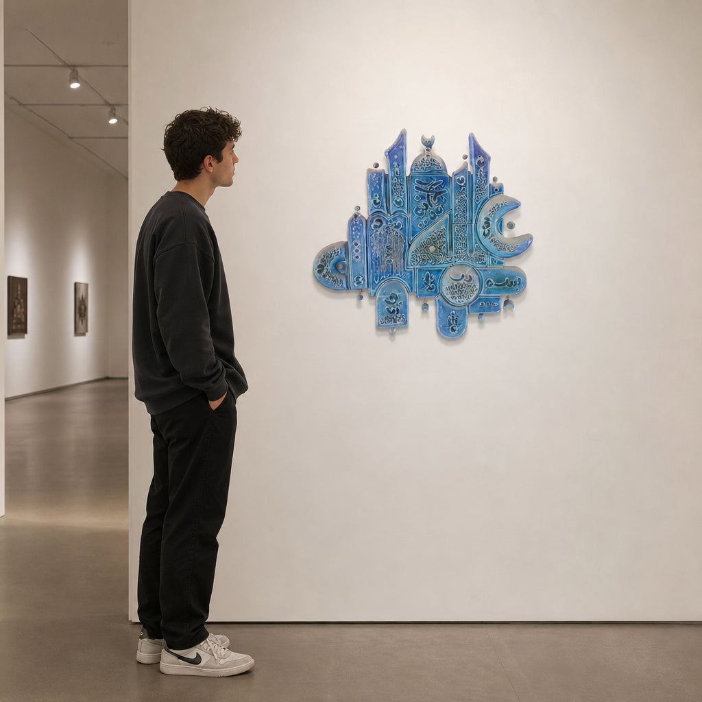 Blue Ceramic Mosque with Arabic Calligraphy - shown to scale