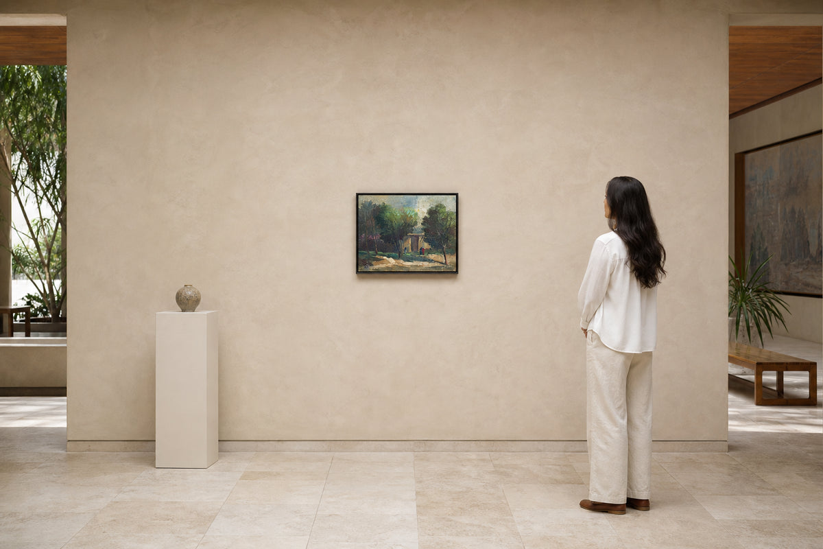 Two Figures Near Trees and Building - shown to scale