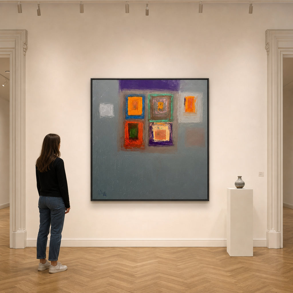 Colorful Nested Squares on Grey - shown to scale