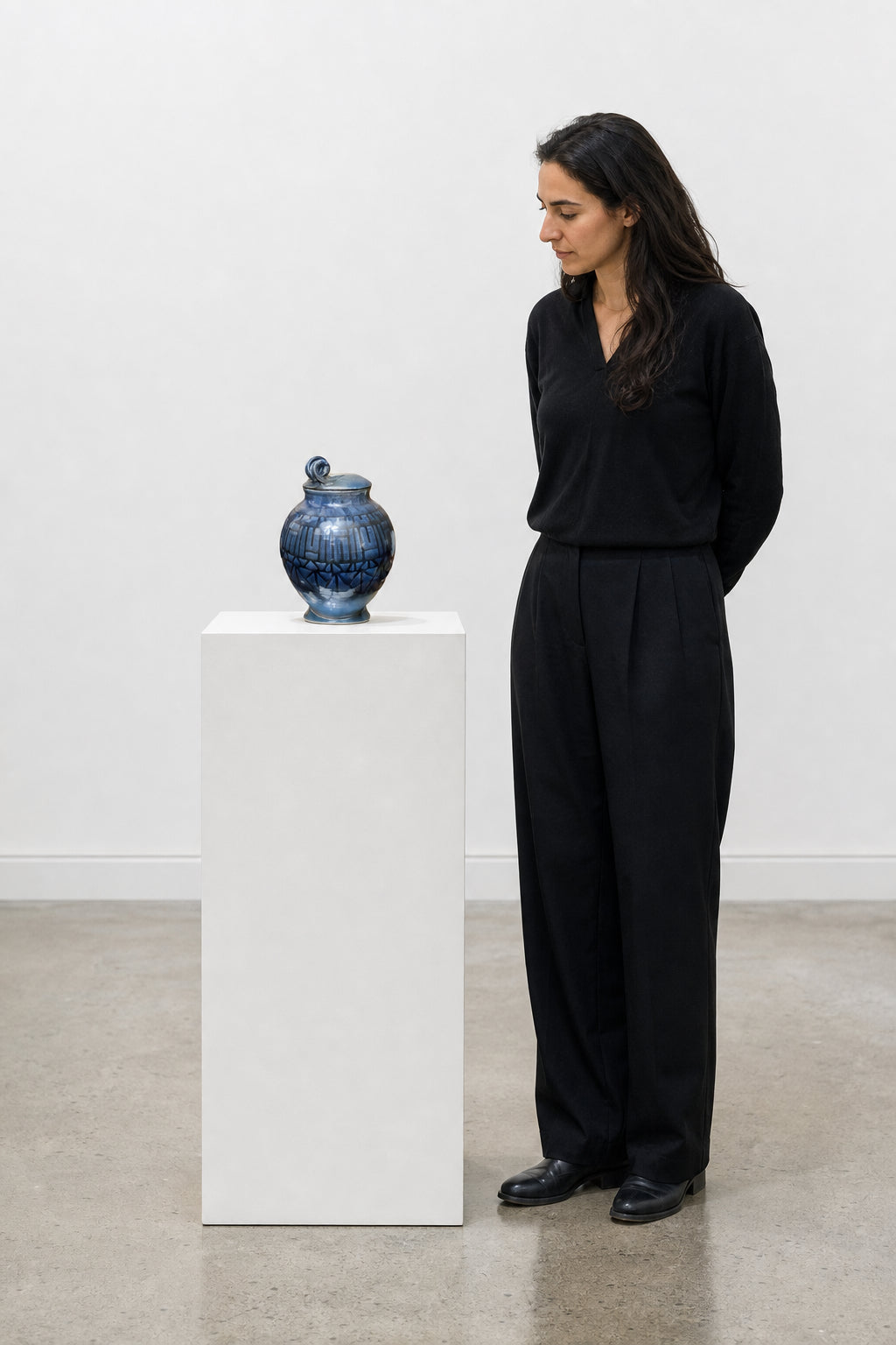 Blue Glazed Ceramic Jar with Lid - shown to scale