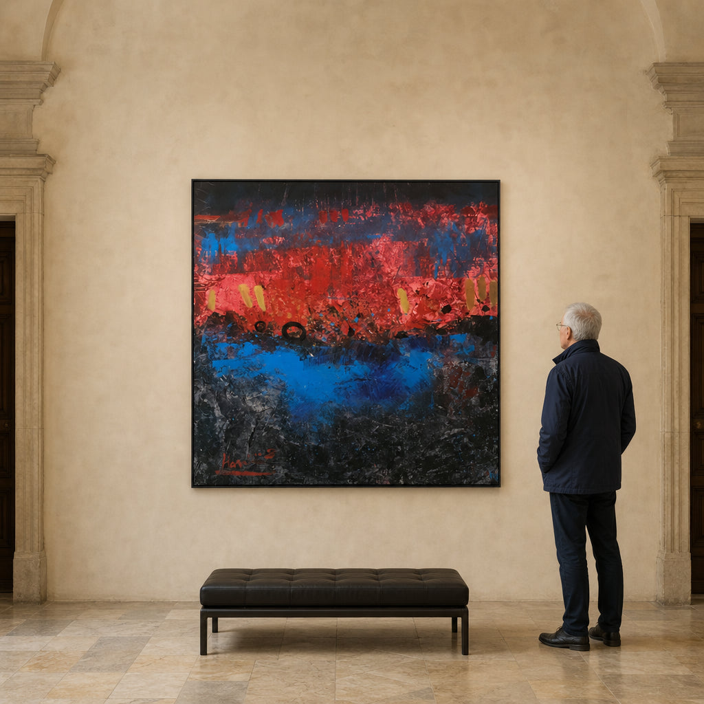 Red and Blue Abstract Composition - shown to scale