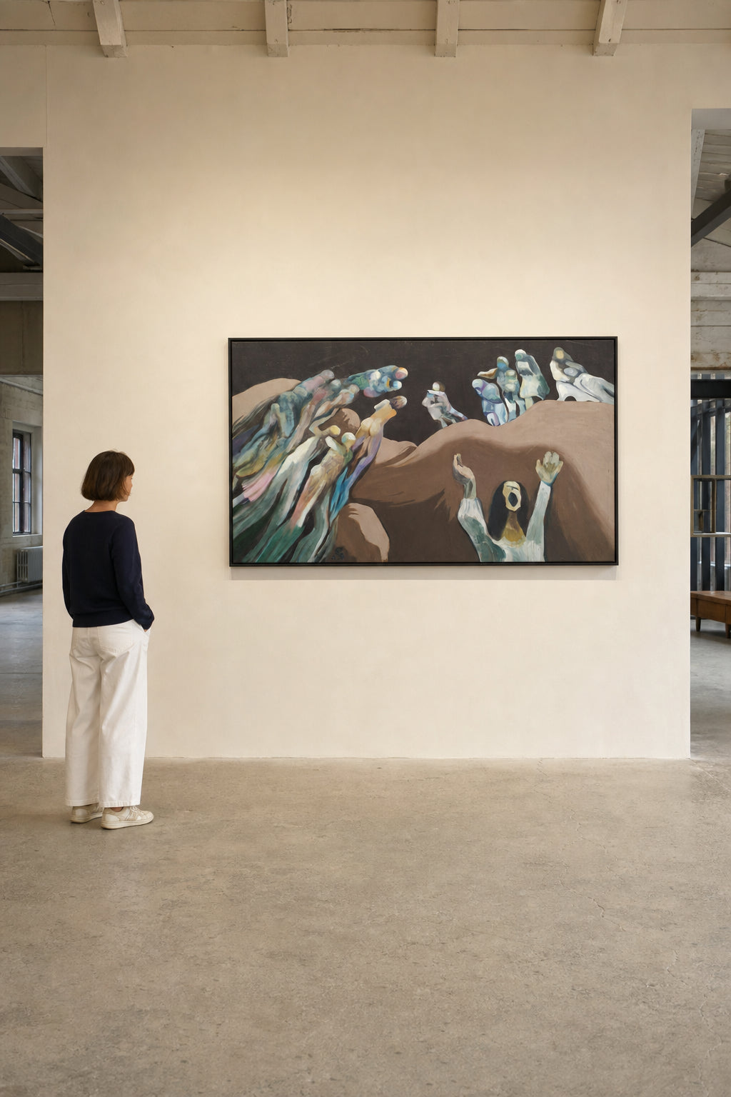 Figures and Hands Over Dark Landscape - shown to scale