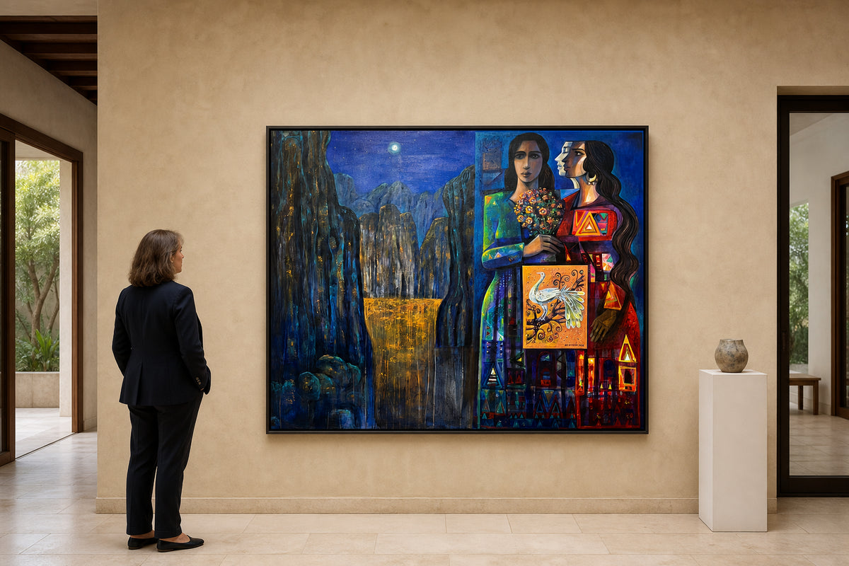 Two Women With Flowers and Bird - shown to scale