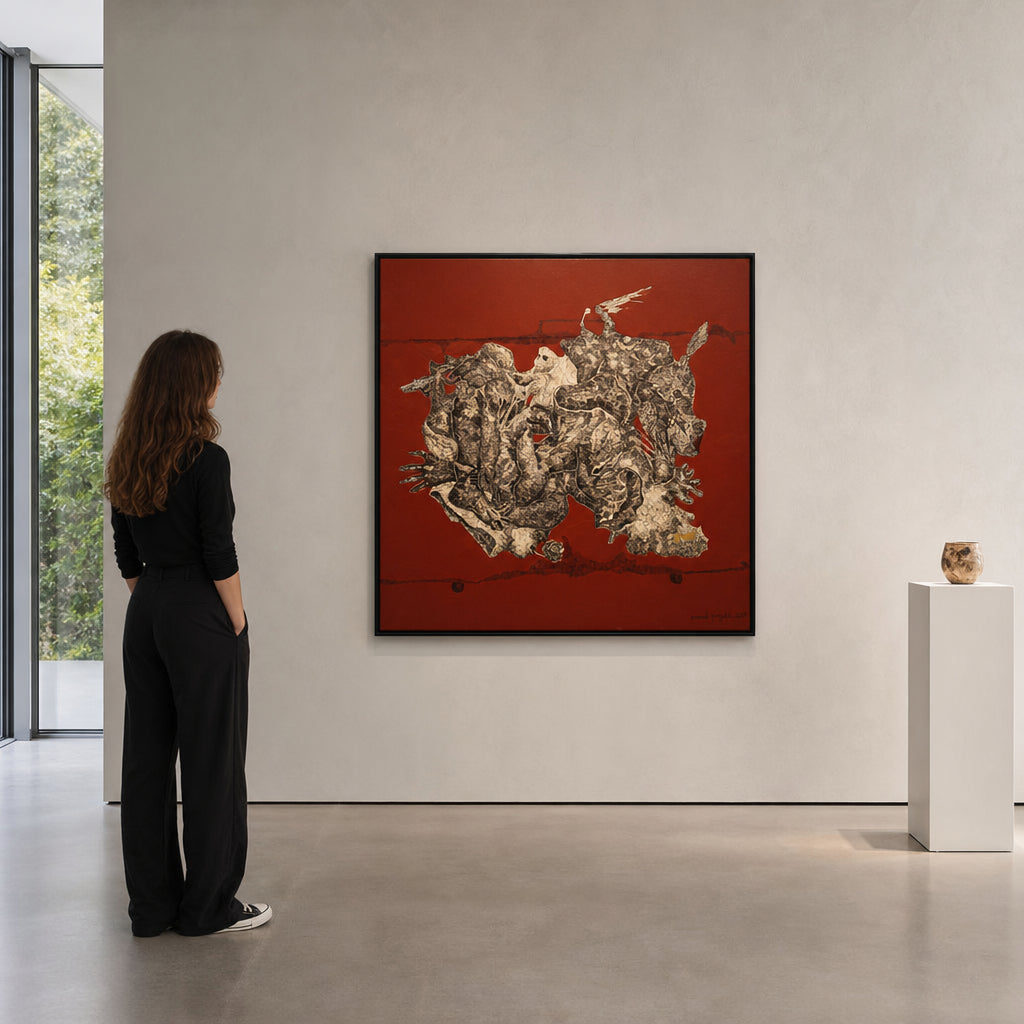 Tangled Figures and Creatures on Red - shown to scale