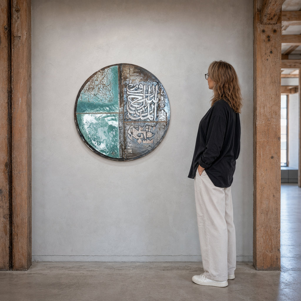 Round Ceramic Tile with Arabic Calligraphy - shown to scale