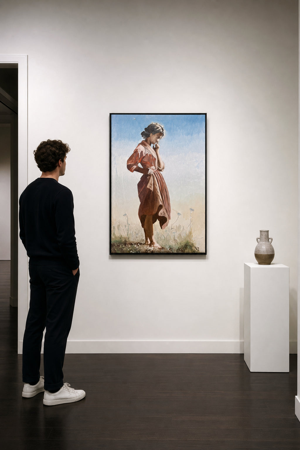 Barefoot Woman Standing in Field - shown to scale