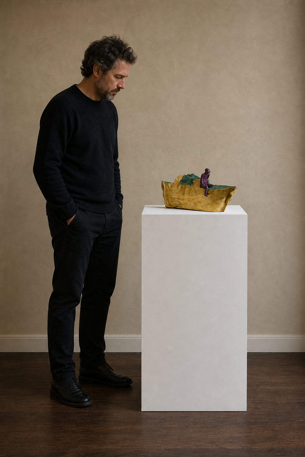 Seated Figure on Gold Bronze Form - shown to scale