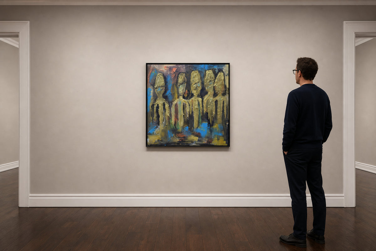 Five Abstract Golden Standing Figures - shown to scale