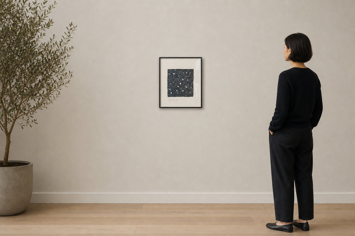 Black Abstract with White Swirling Lines - shown to scale