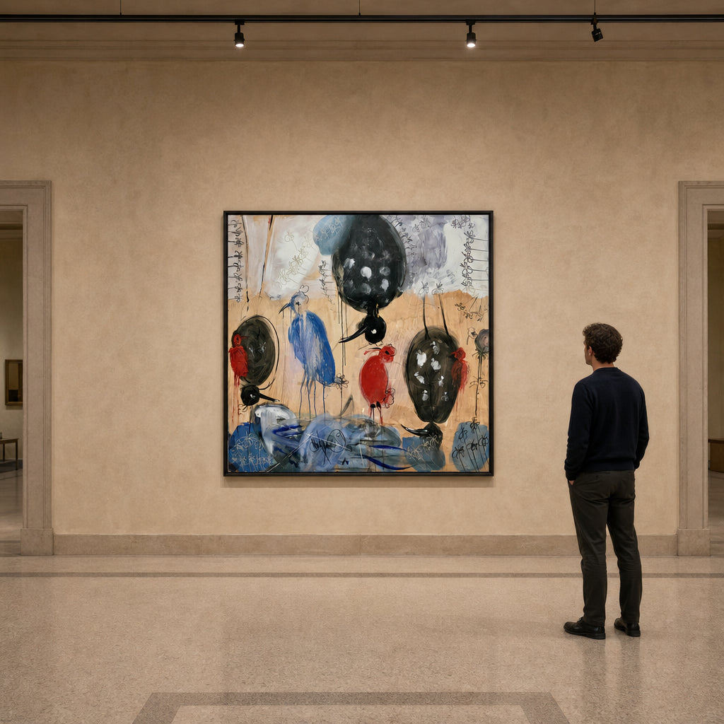 Blue Red and Black Birds - shown to scale