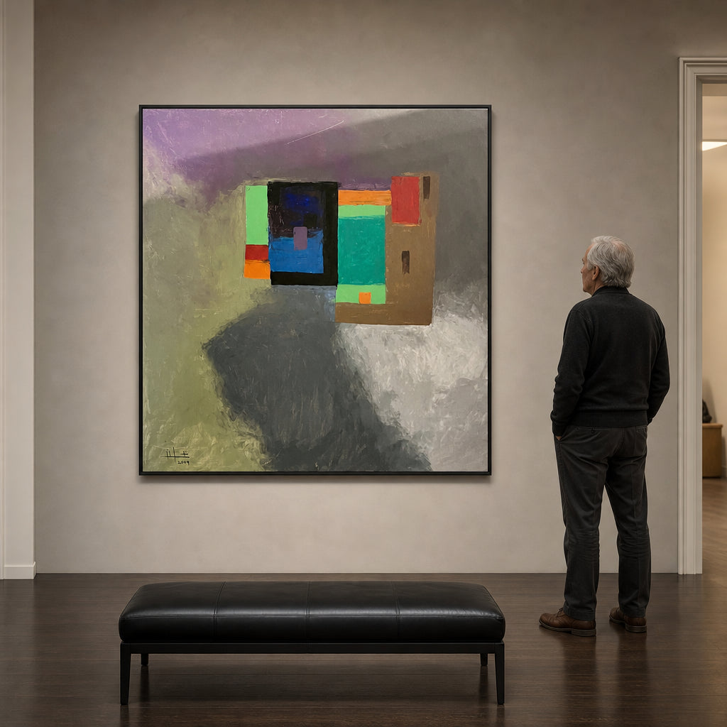 Geometric Color Blocks on Grey Ground - shown to scale