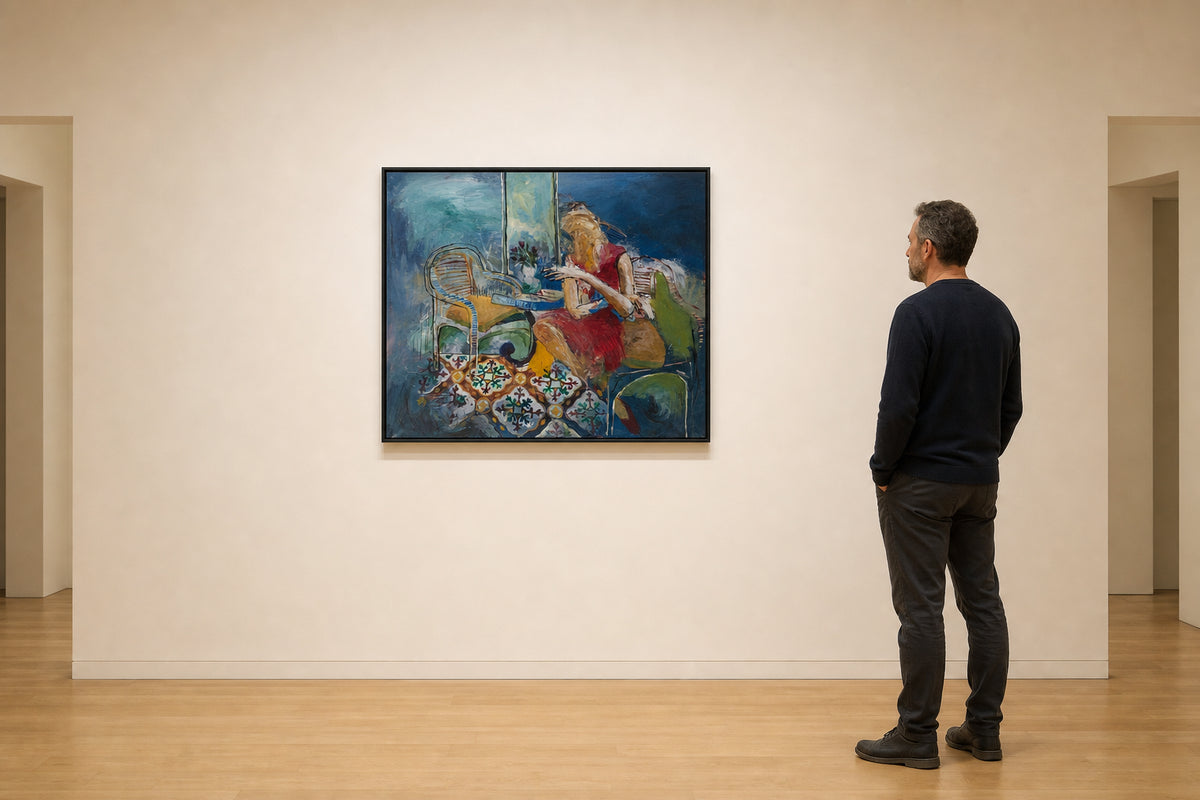 Woman in Red Dress at Table - shown to scale