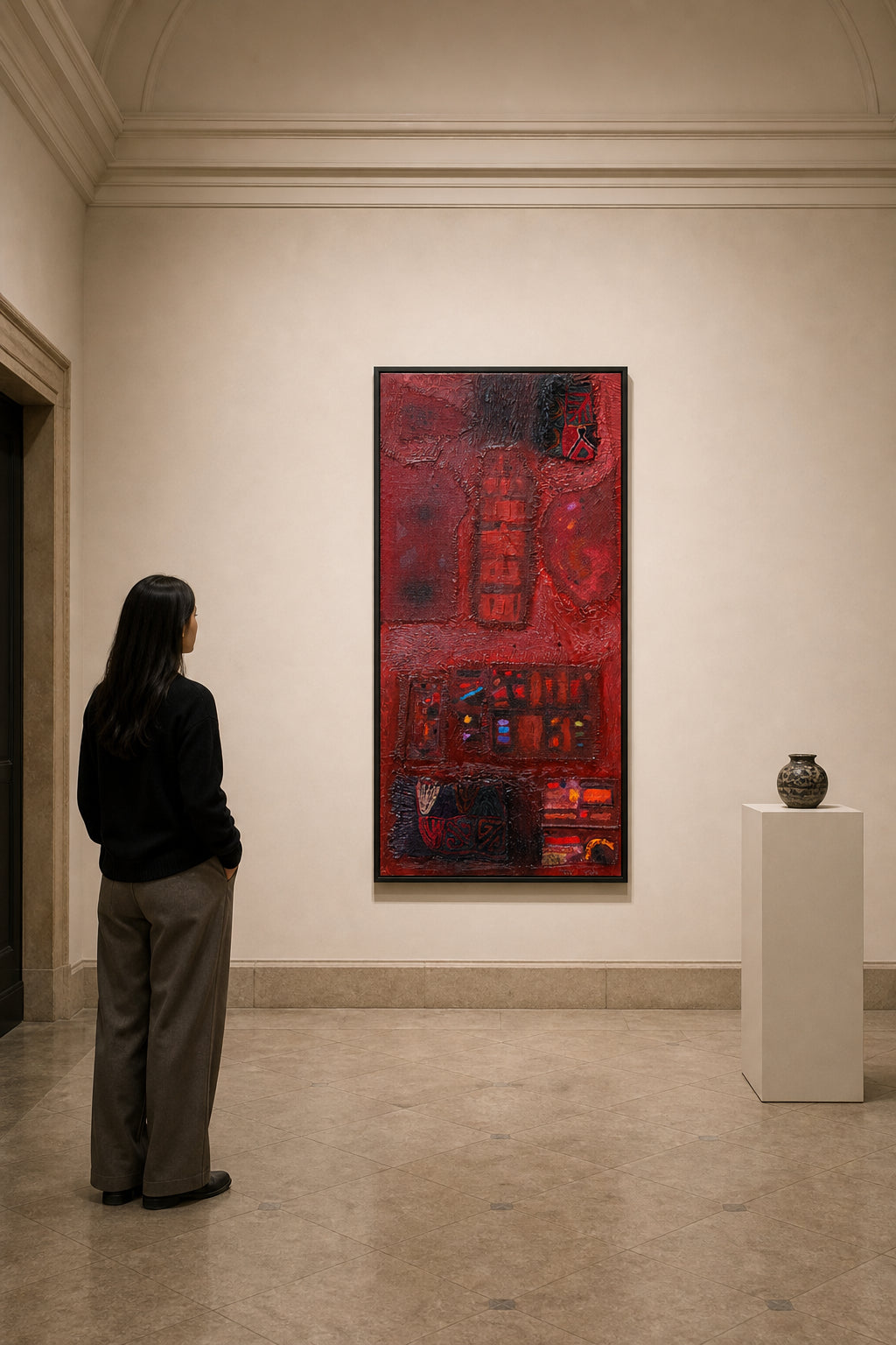 Abstract Red Cityscape with Glowing Panels - shown to scale
