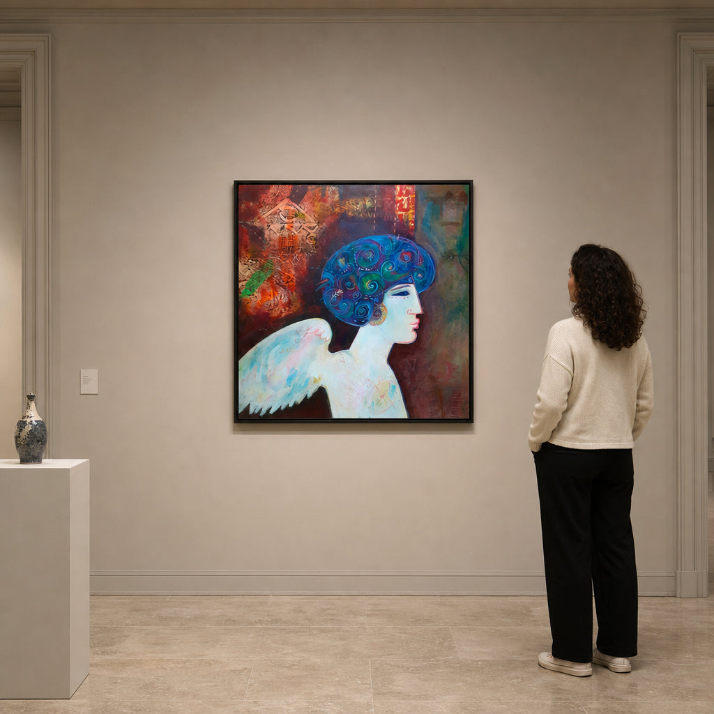 Winged Woman with Blue Swirling Hair - shown to scale