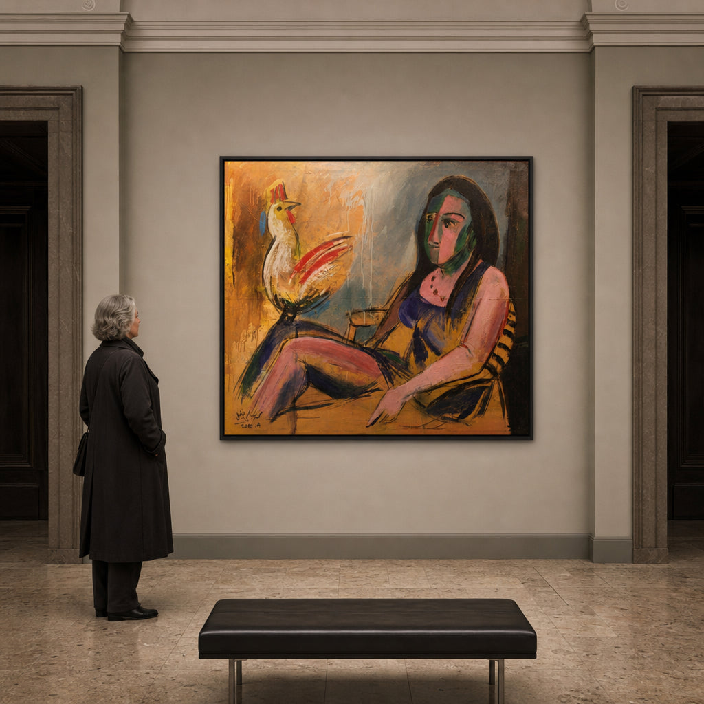 Seated Woman with White Rooster - shown to scale