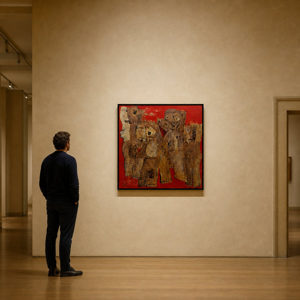 Three Abstract Figures on Red Background - shown to scale