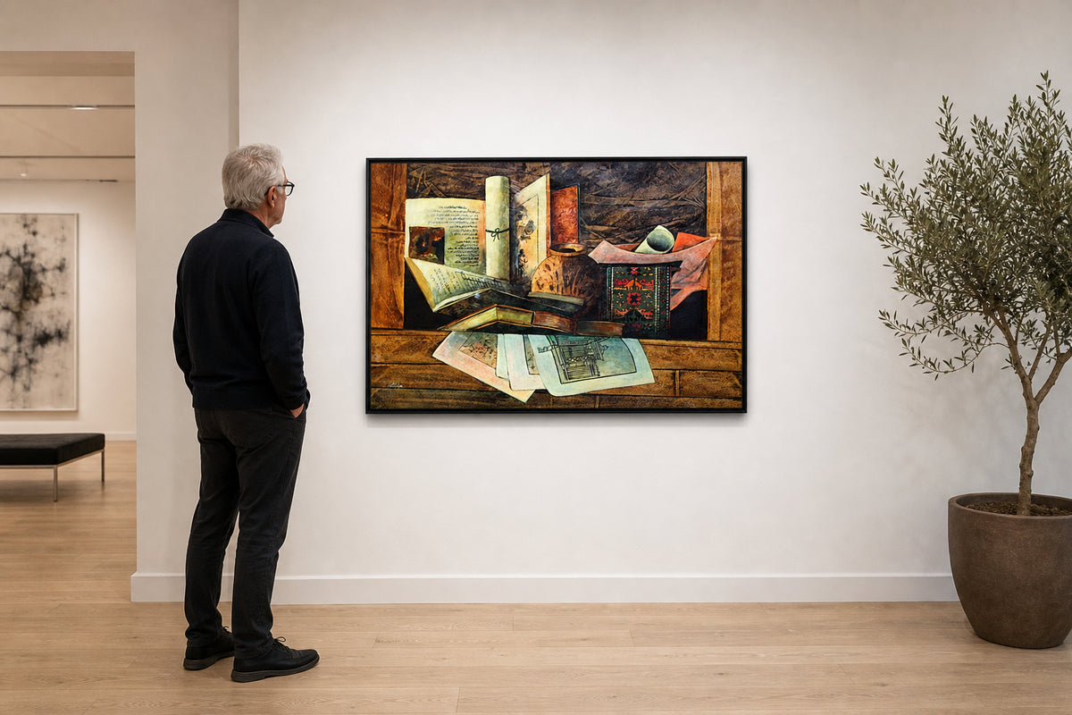 Books Scroll and Manuscript Still Life - shown to scale