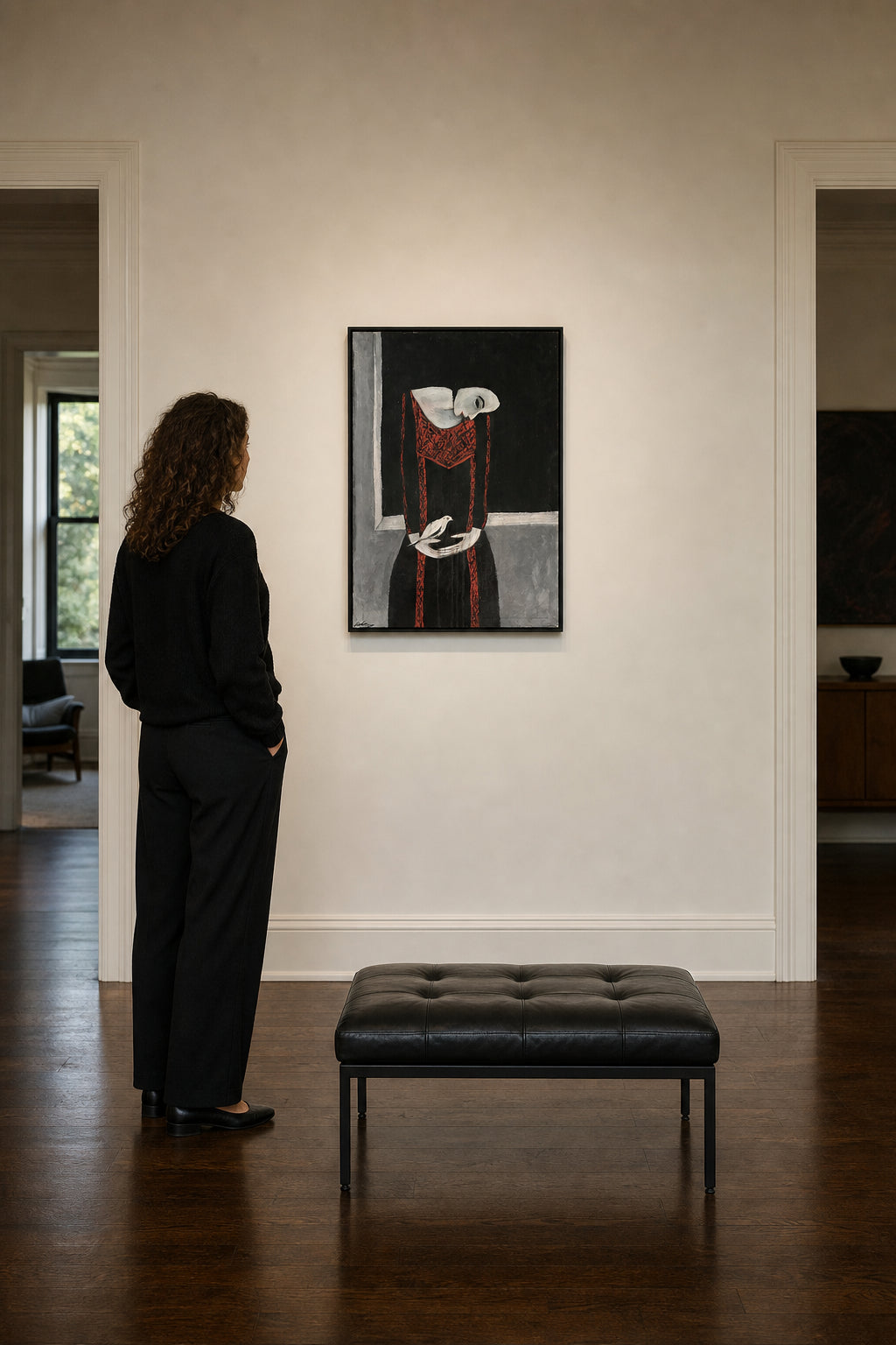 Woman in Red Dress Holding White Bird - shown to scale