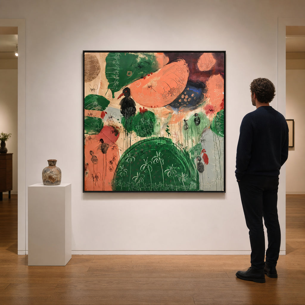 Birds Among Green Abstract Shapes - shown to scale
