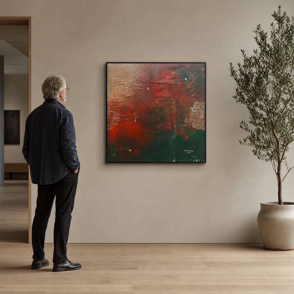 Red and Green Abstract with Cuneiform Script - shown to scale