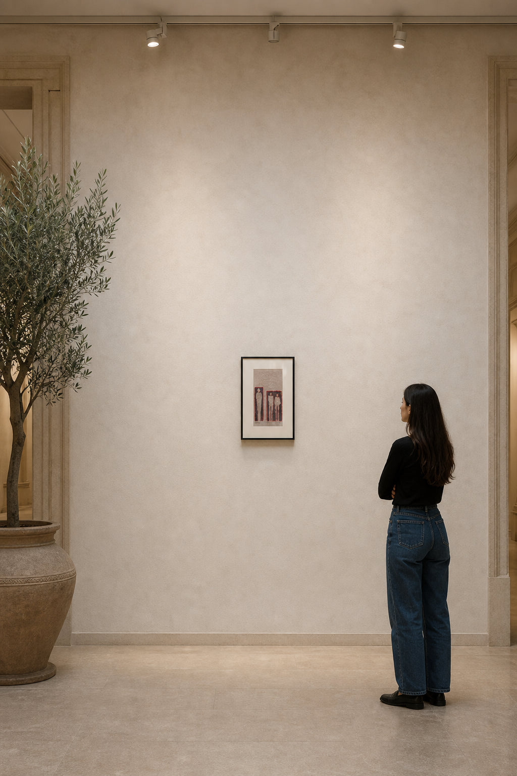 Three Standing Figures with Calligraphy - shown to scale