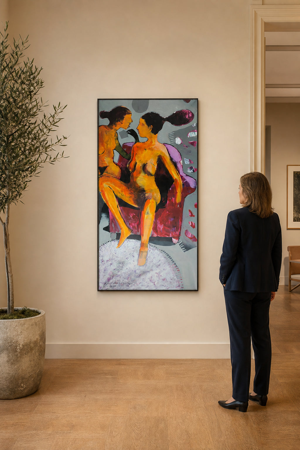 Two Nude Figures on Red Armchair - shown to scale