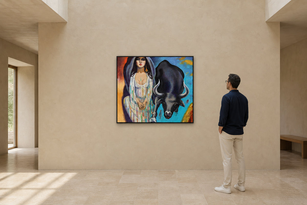 Woman and Black Bull Figure - shown to scale