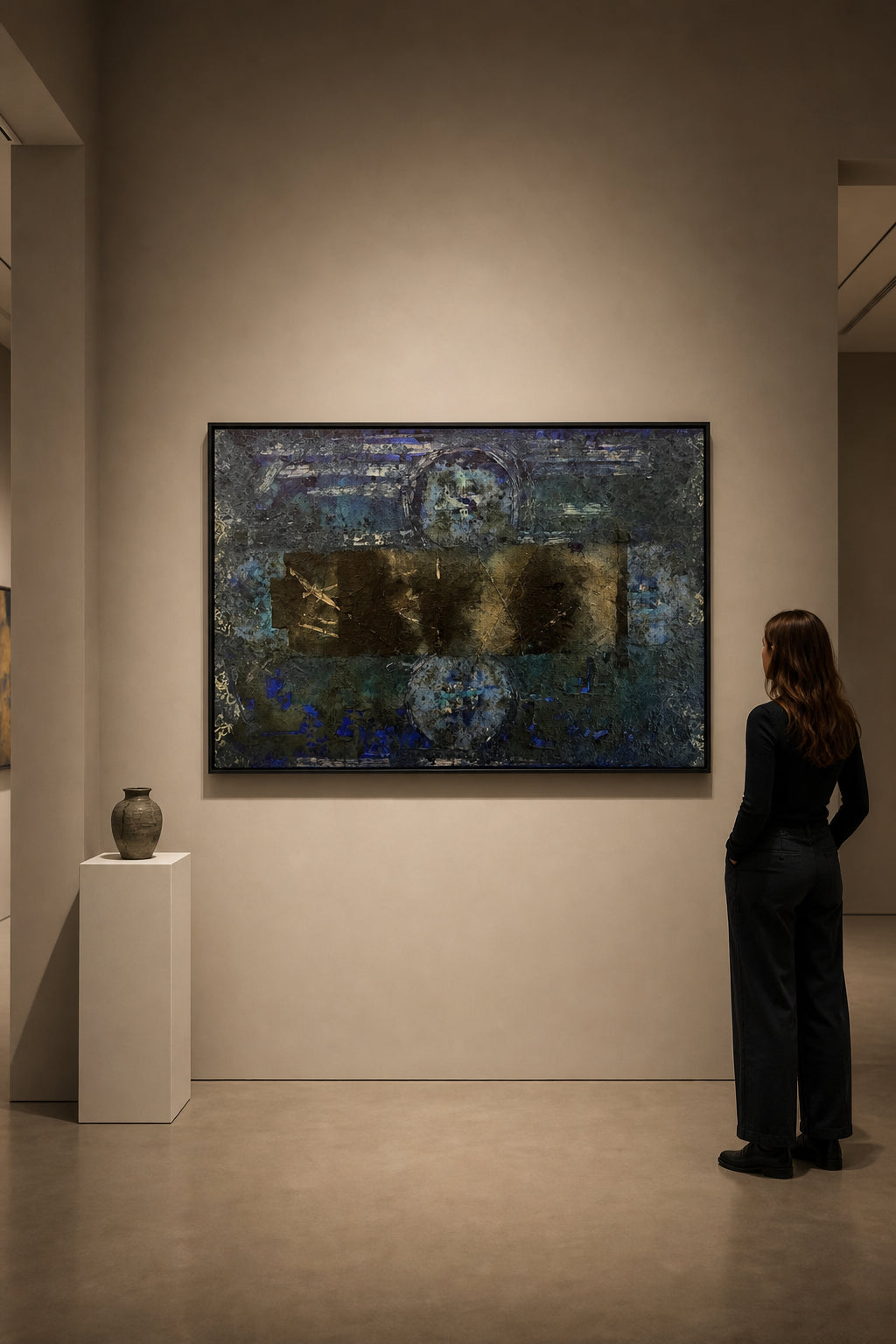 Blue Brown Abstract Textured Composition - shown to scale