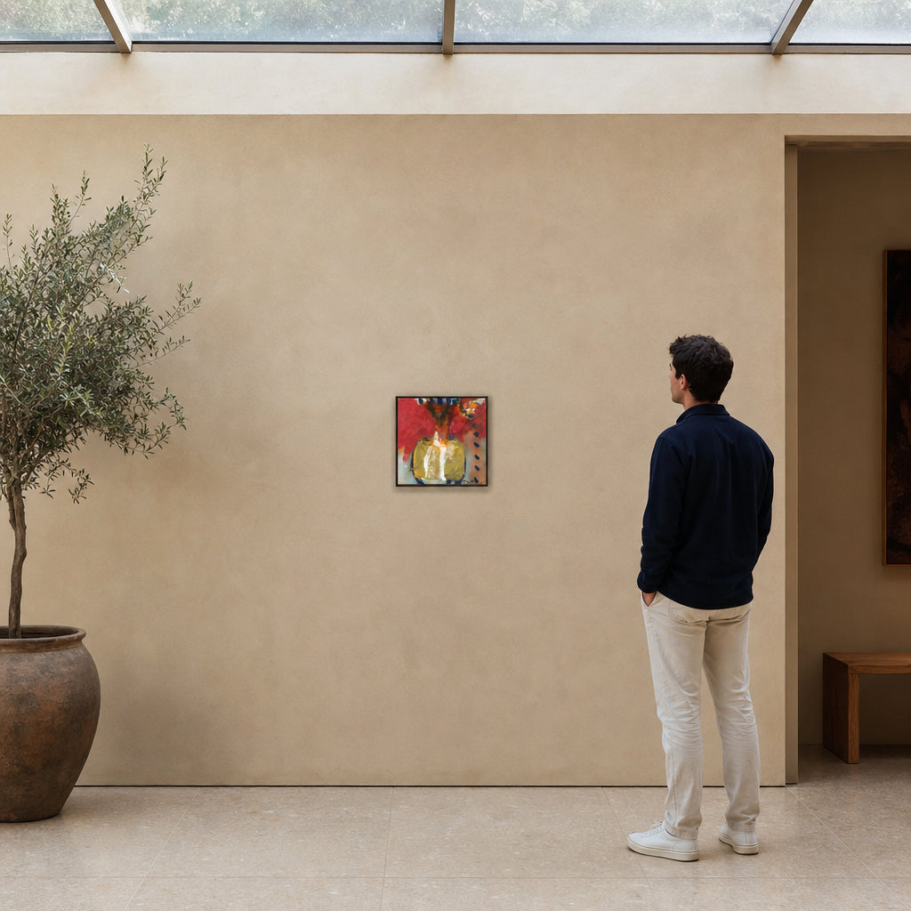Red Flowers in Golden Vase - shown to scale