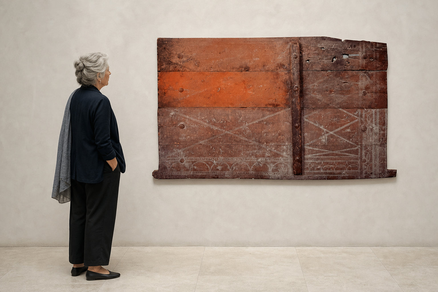 Aged Wood Panel with Engraved Geometric Patterns - shown to scale