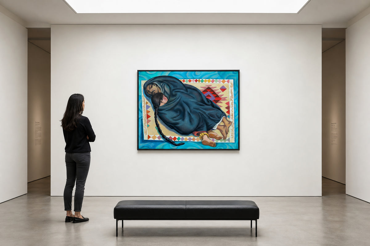 Veiled Woman Resting on Patterned Rug - shown to scale