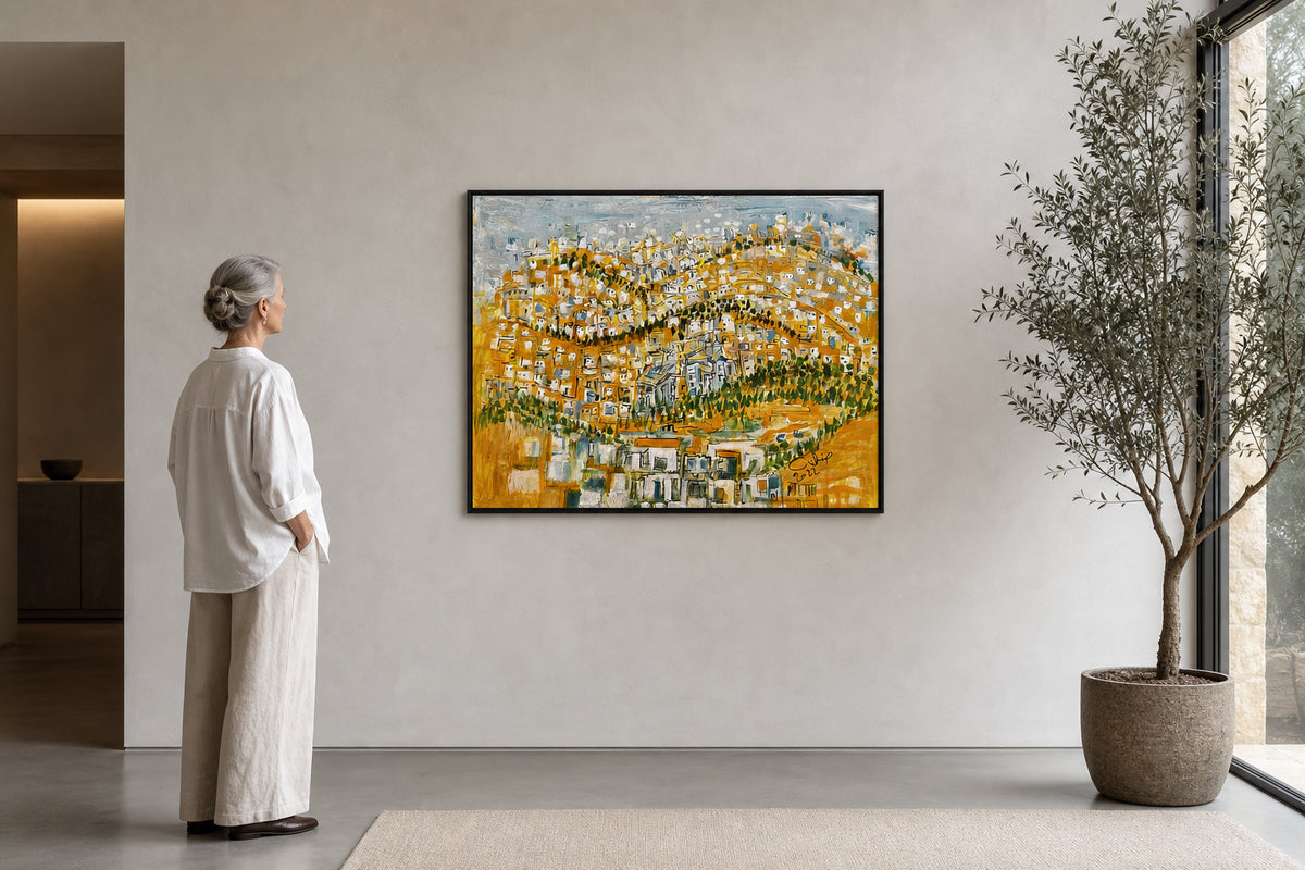 Golden Hillside City with White Buildings - shown to scale