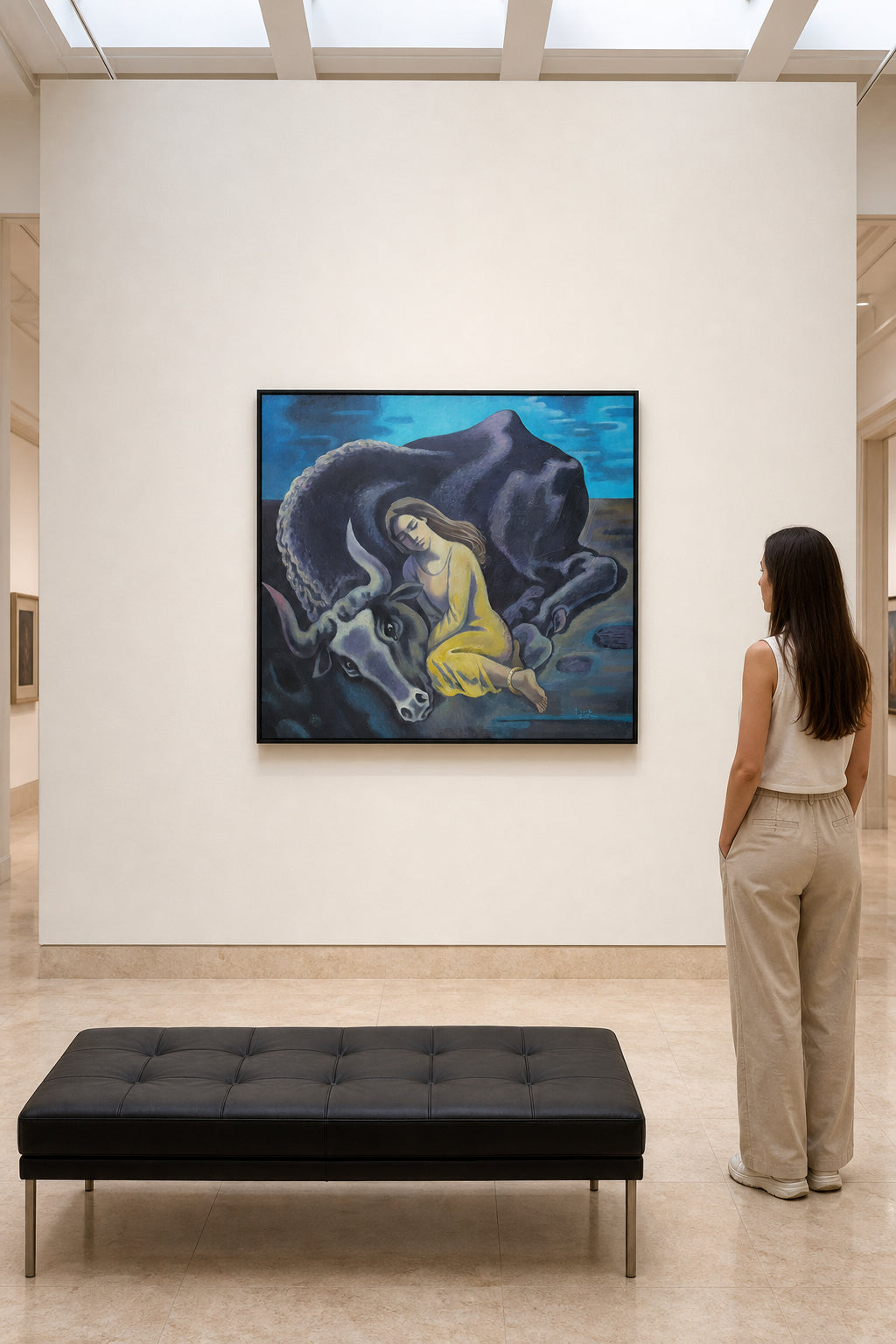 Woman Resting Beside Large Bull - shown to scale