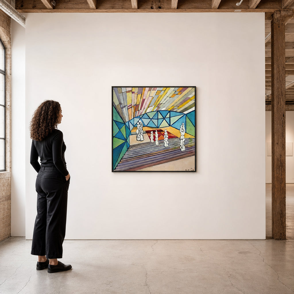 White Sculptures in Geometric Interior Space - shown to scale