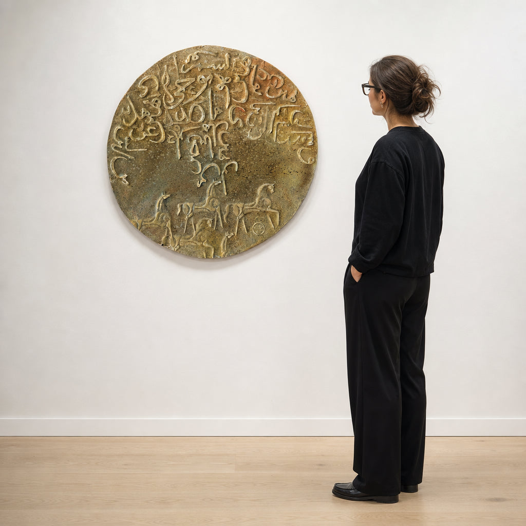 Round Relief Arabic Calligraphy with Horses - shown to scale