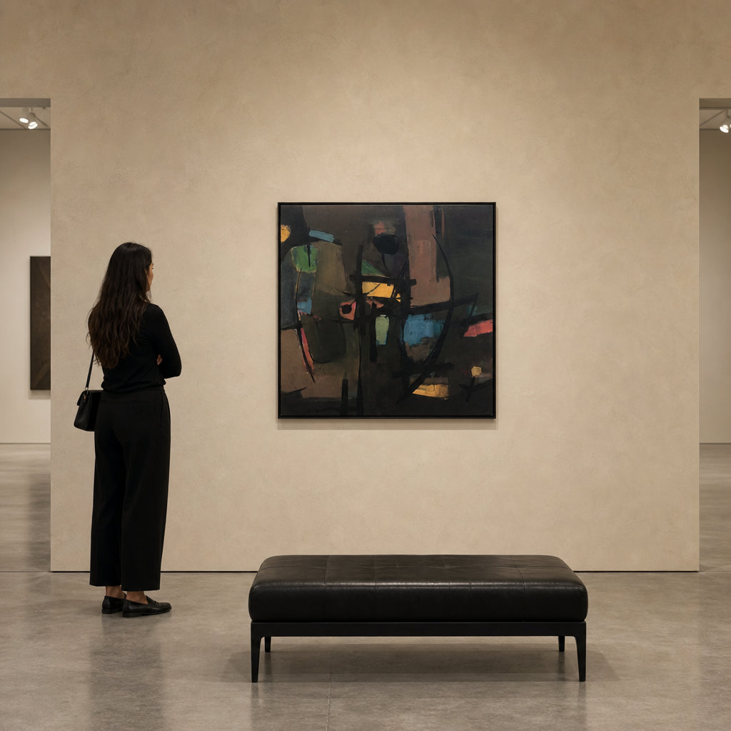 Dark Abstract Forms with Color Accents - shown to scale