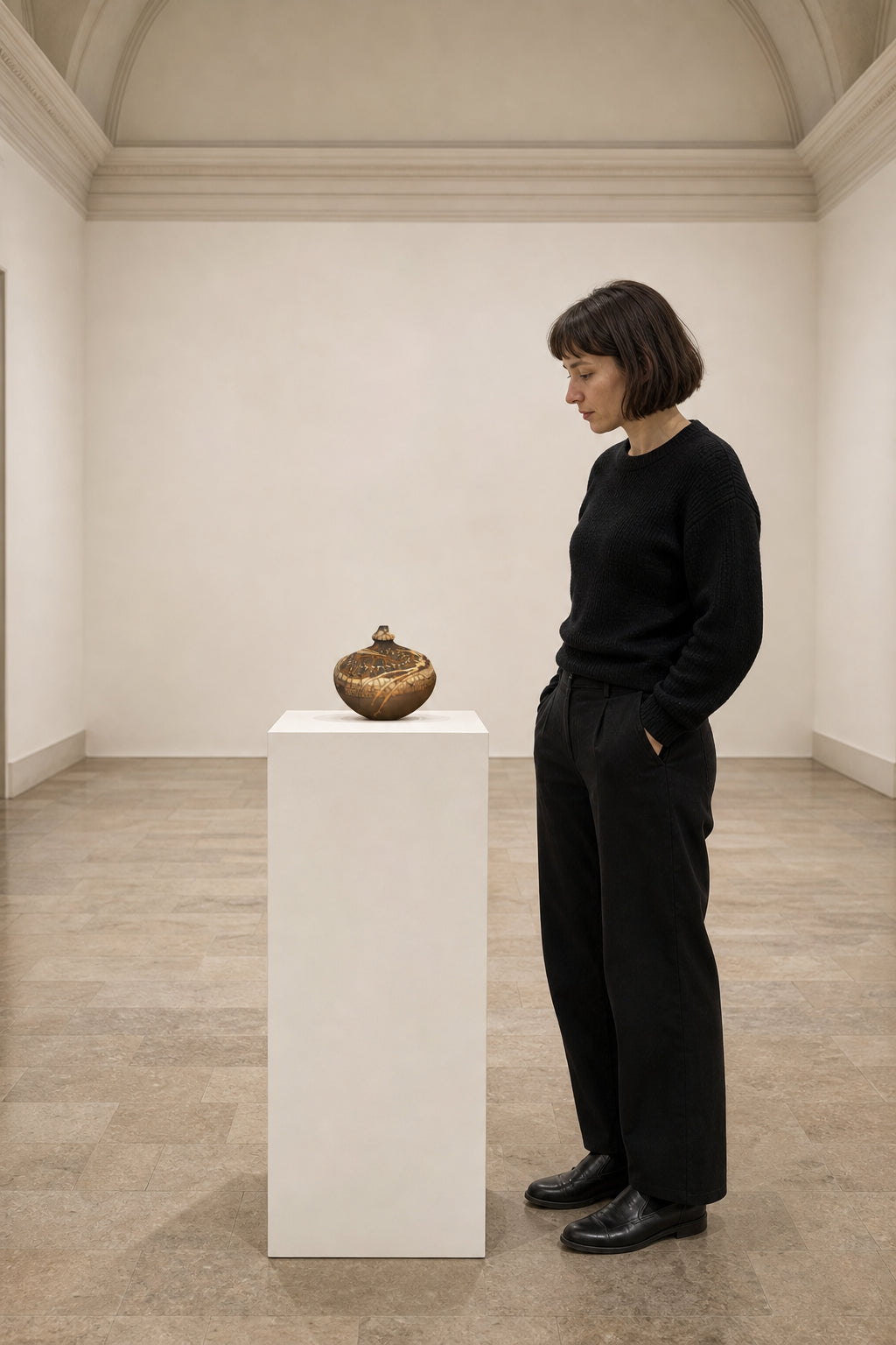Round Ceramic Vessel with Raku Glaze - shown to scale