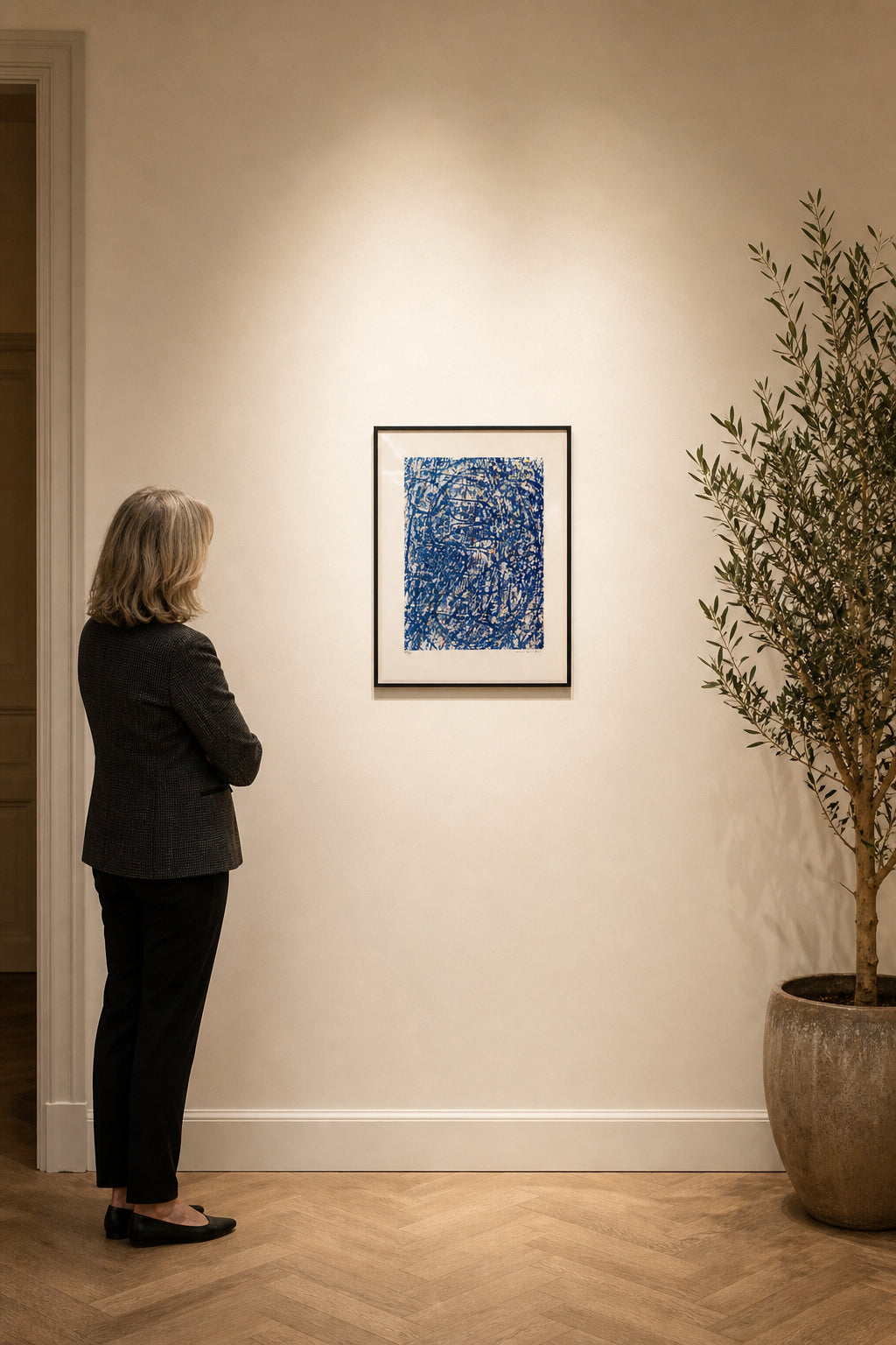 Blue Abstract Gestural Lithograph - shown to scale